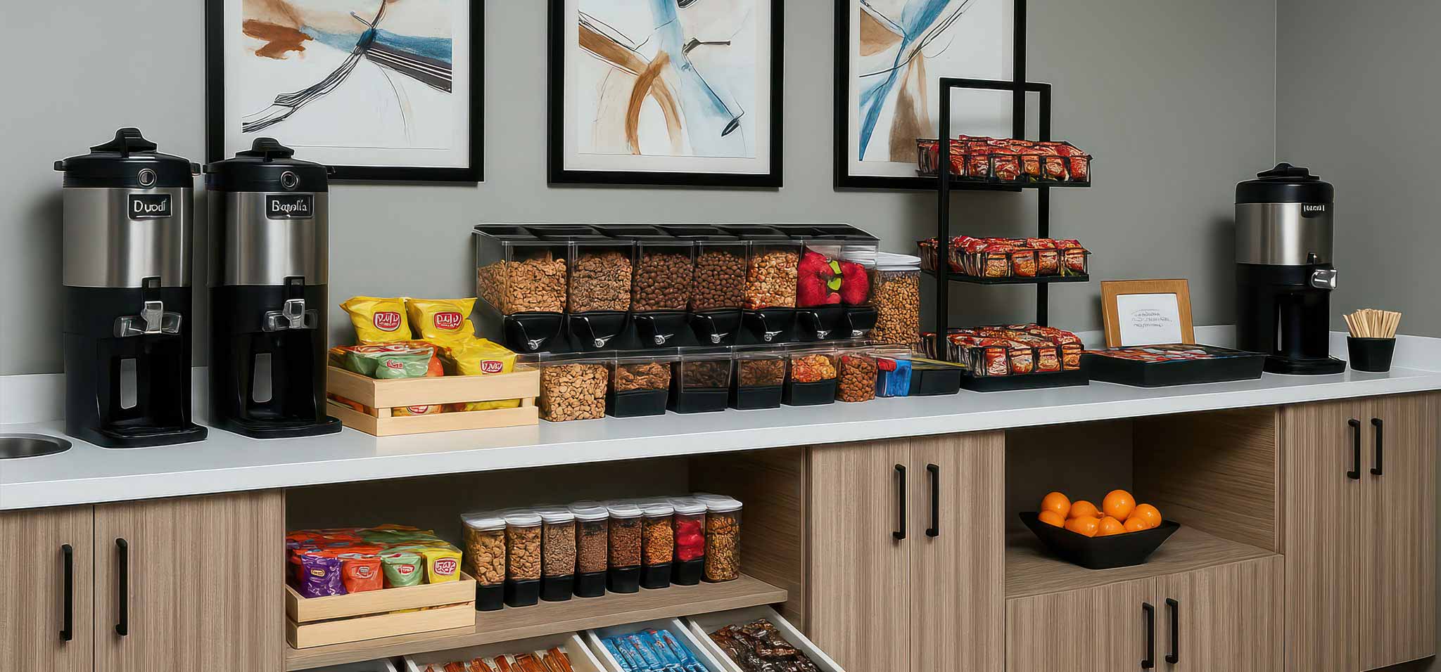 Office coffee station with brewers, cups and supplies on a break room counter