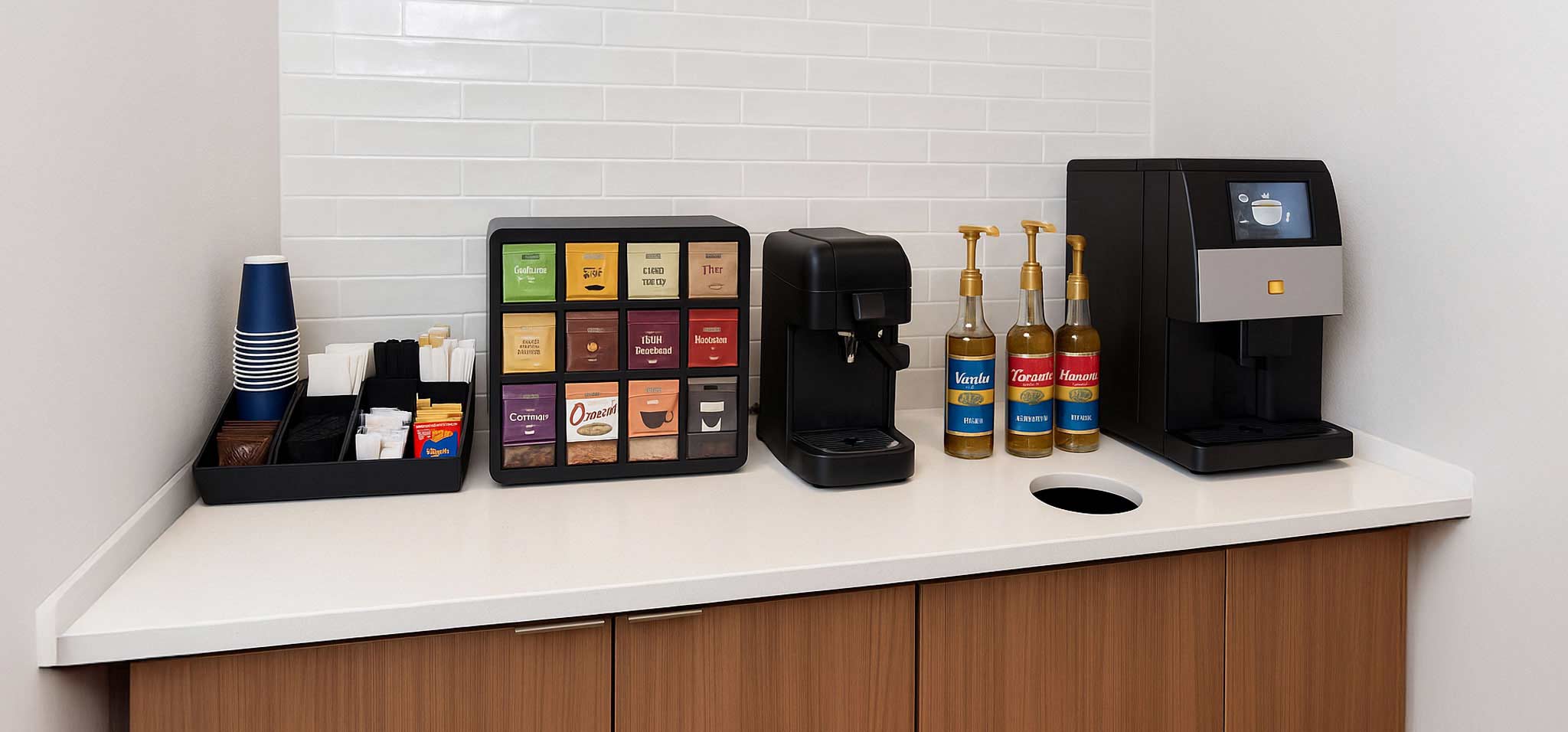 Beverage counter with single-cup brewing equipment and filtered water in a workplace break room
